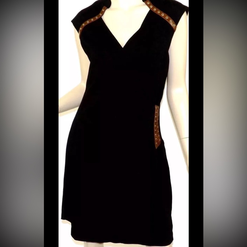 CACHE BLACK V neck WRAP front PONTE DRESS BROWN LACED LEATHER TRIM cap sleeves 4